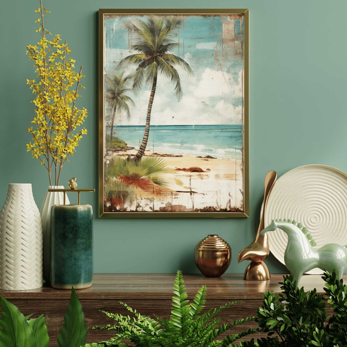 Vintage Tropical Beach With Palm Tree Distressed Coastal Wall Poster - Image 2