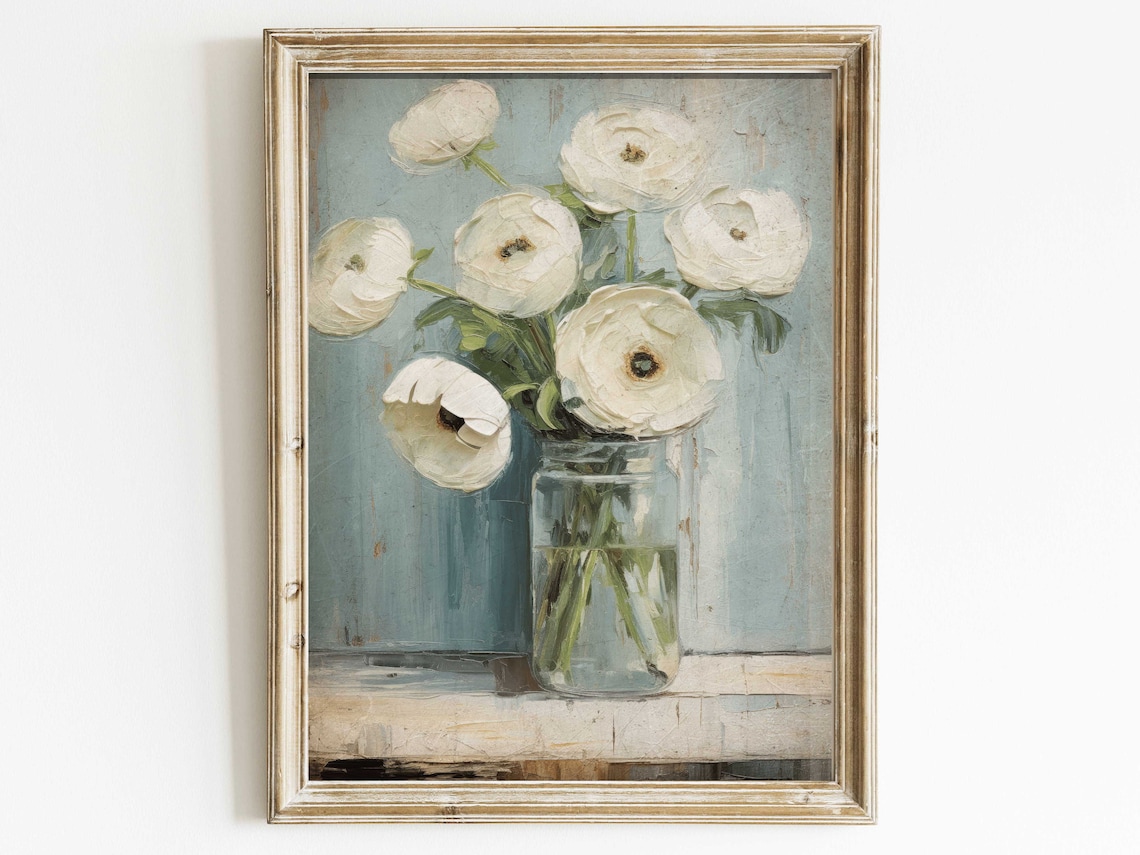 White Rose Painting Rustic Floral Art Print