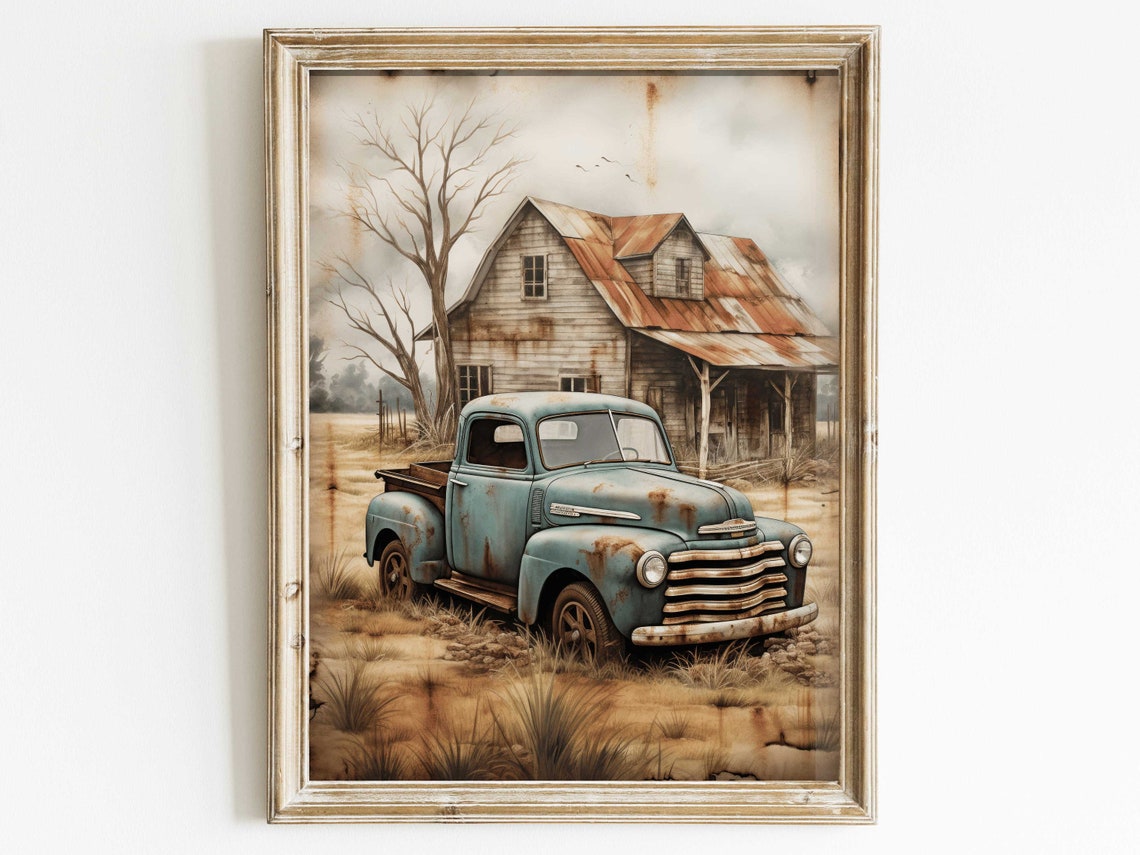 Weathered Teal Pickup Truck Parked by Old Barn Side View Poster