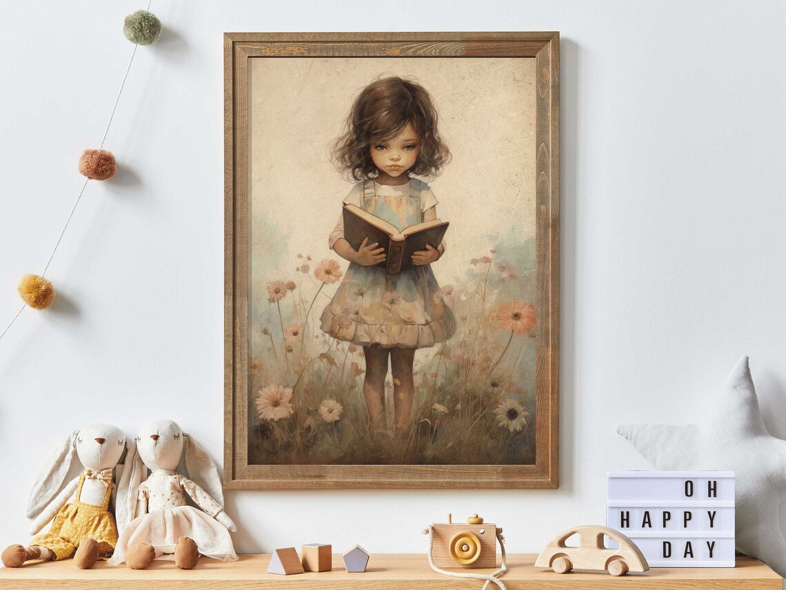 Little Girl Reading Book in Wildflower Field Vintage Nursery Poster