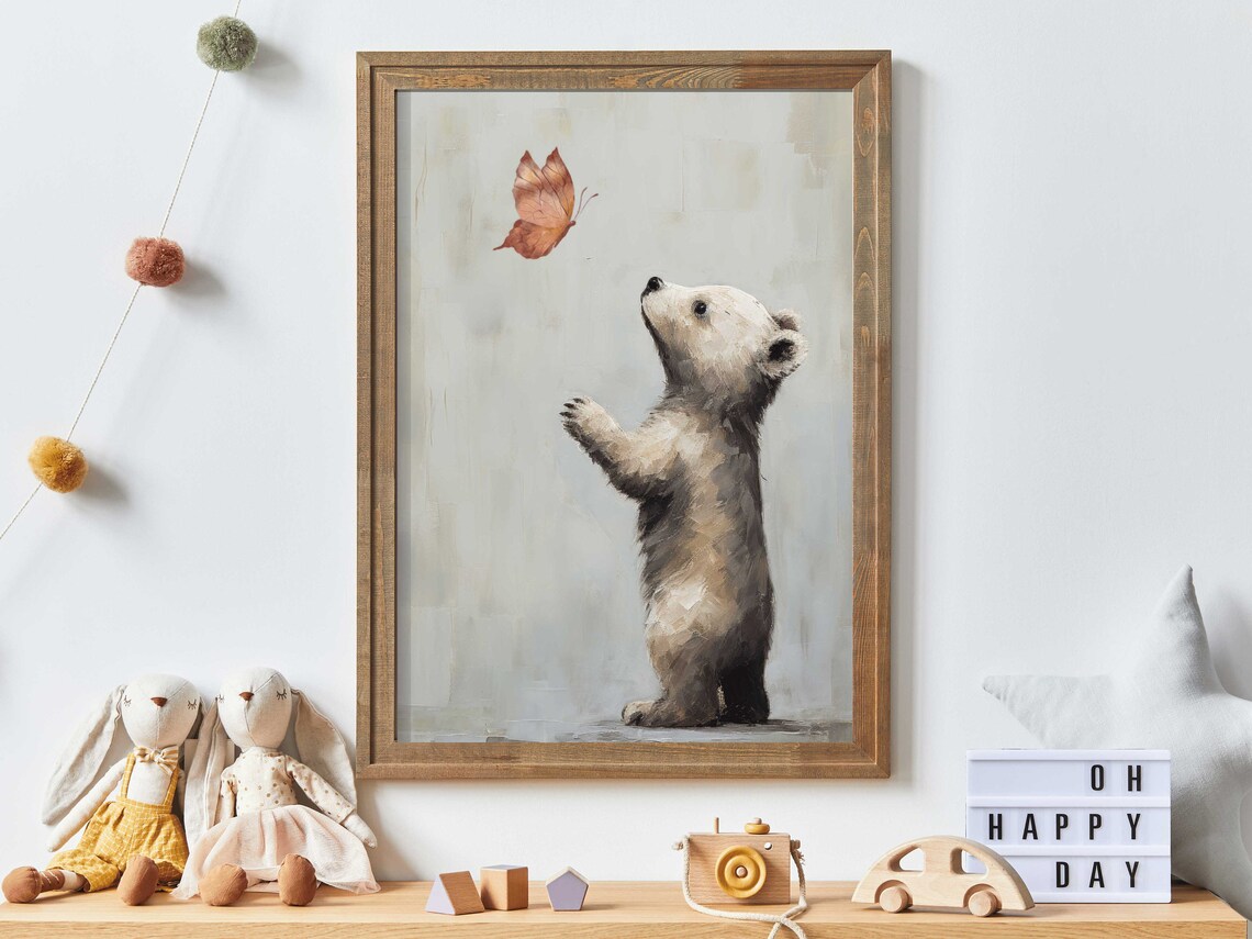 Baby Bear and Butterfly Vintage Nursery Art Print