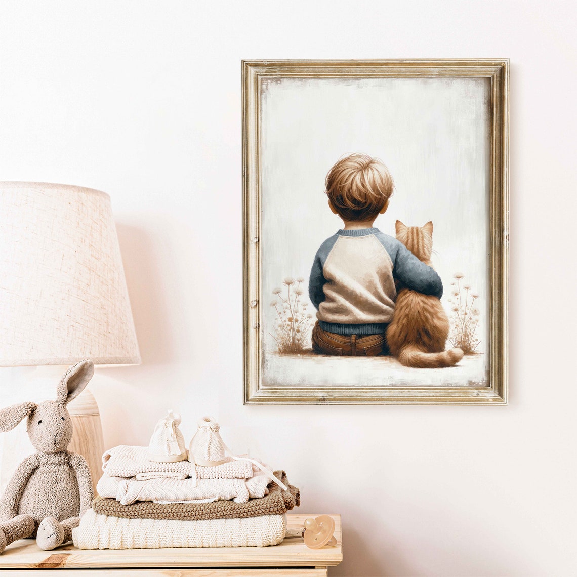 Boy Hugging Ginger Cat Poster Tender Watercolor Nursery Friendship Art - Image 2