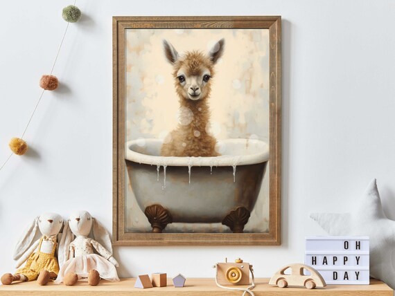 Cute Fluffy Baby Llama Soaking In Vintage Bathtub Nursery Poster
