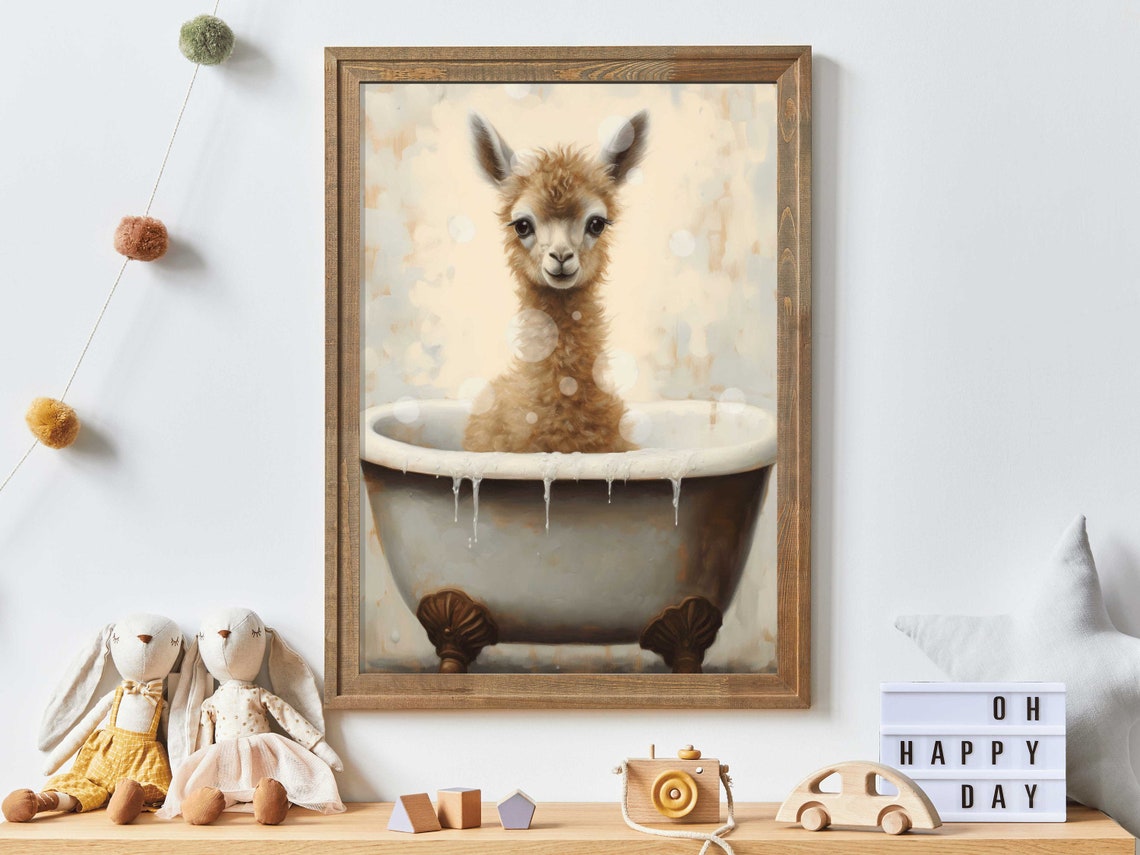 Cute Fluffy Baby Llama Soaking In Vintage Bathtub Nursery Poster