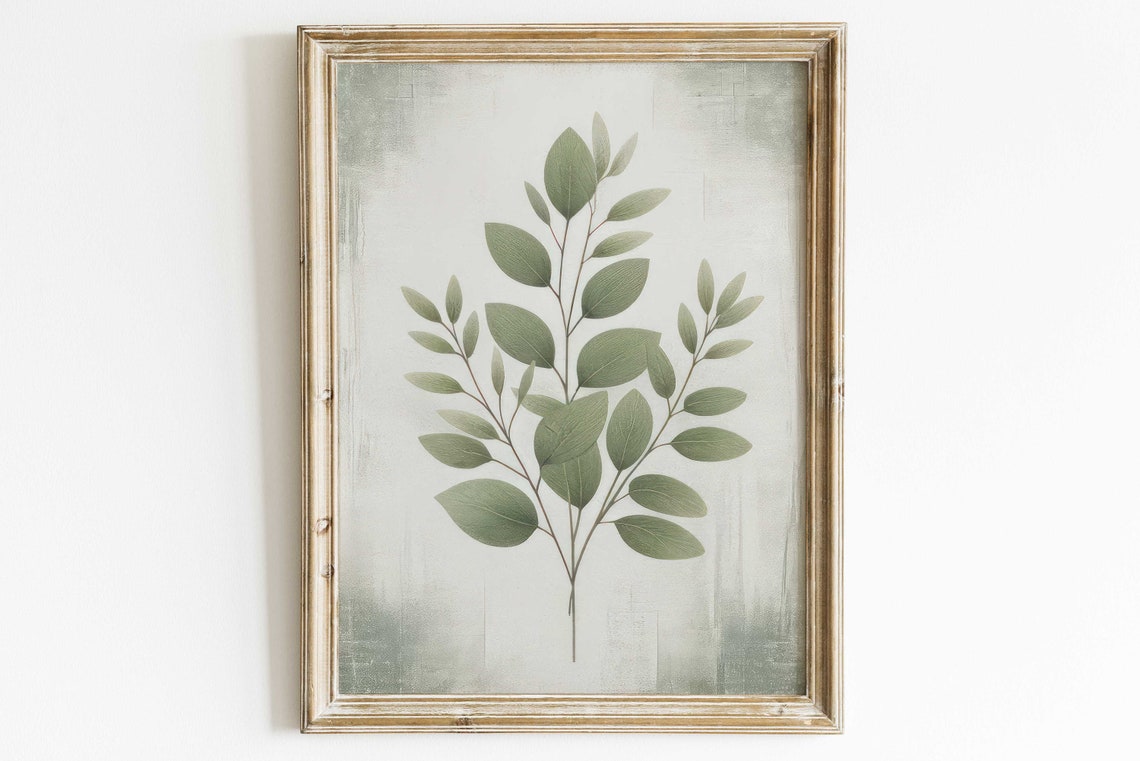 Rustic Sage Green Botanical Leaf Art Distressed Farmhouse Poster