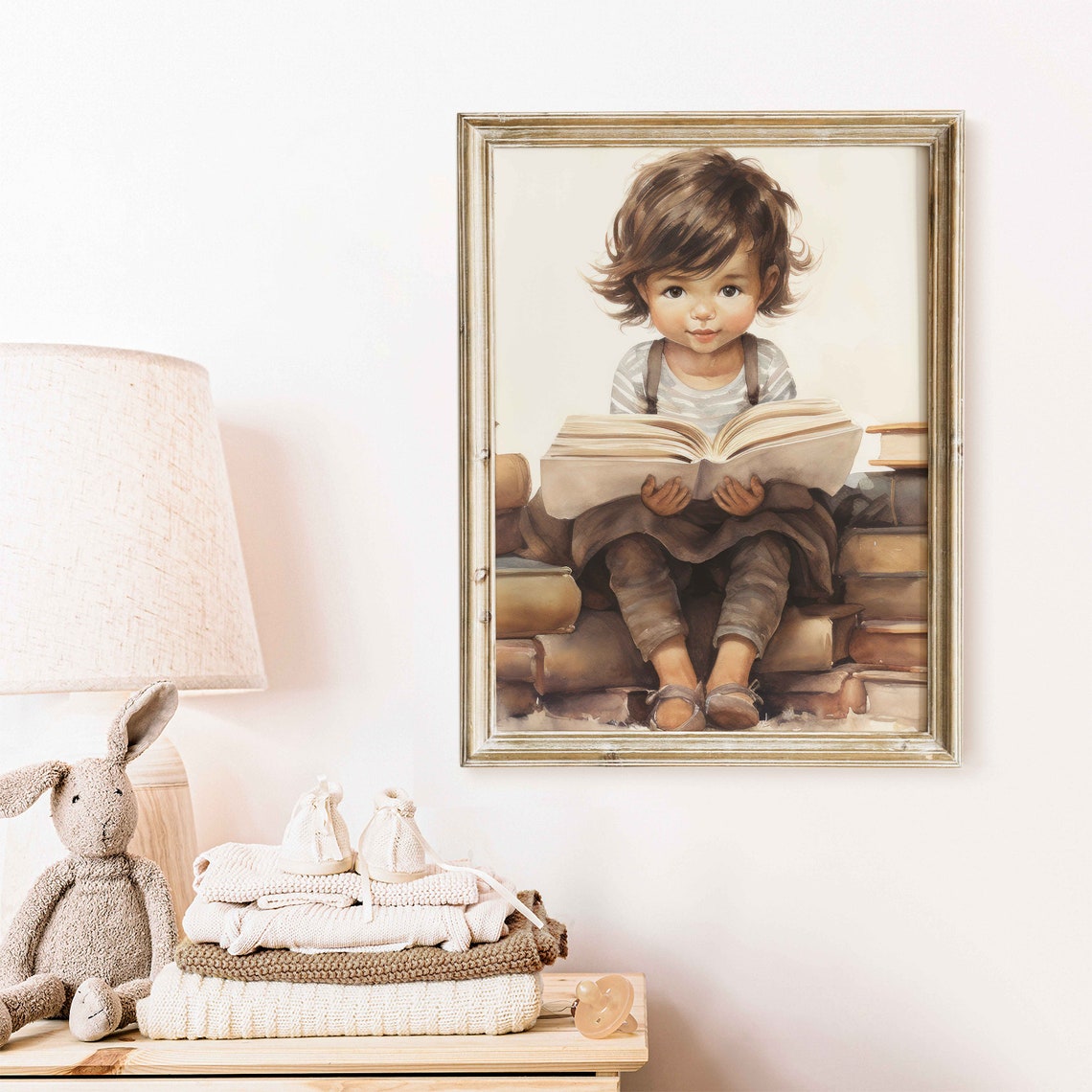 Sweet Toddler Reading a Big Book Atop a Stack of Old Books Poster - Image 2