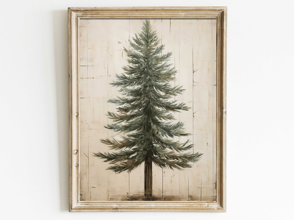 Single Fir Tree On Cream Plank Background Farmhouse Nature Art Poster