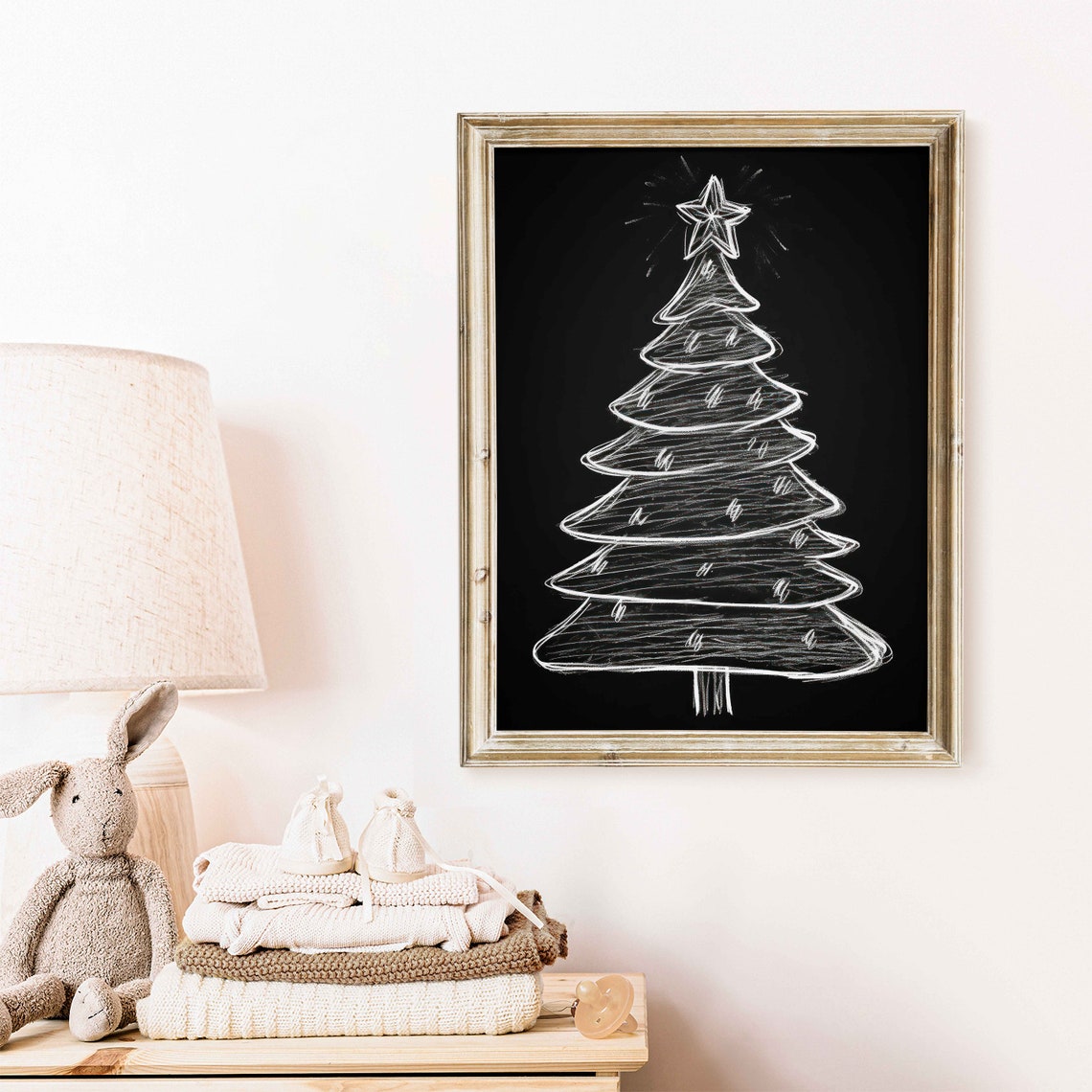 White Chalk Christmas Tree Sketch With Star Topper Nursery Poster - Image 2