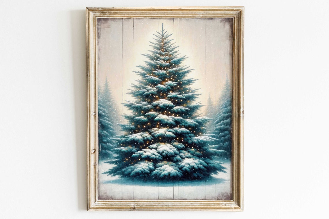 Snow Covered Christmas Tree With Warm Lights In A Winter Forest Poster