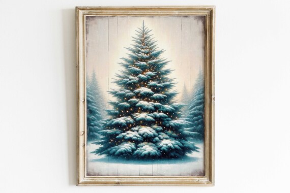 Snow Covered Christmas Tree With Warm Lights In A Winter Forest Poster