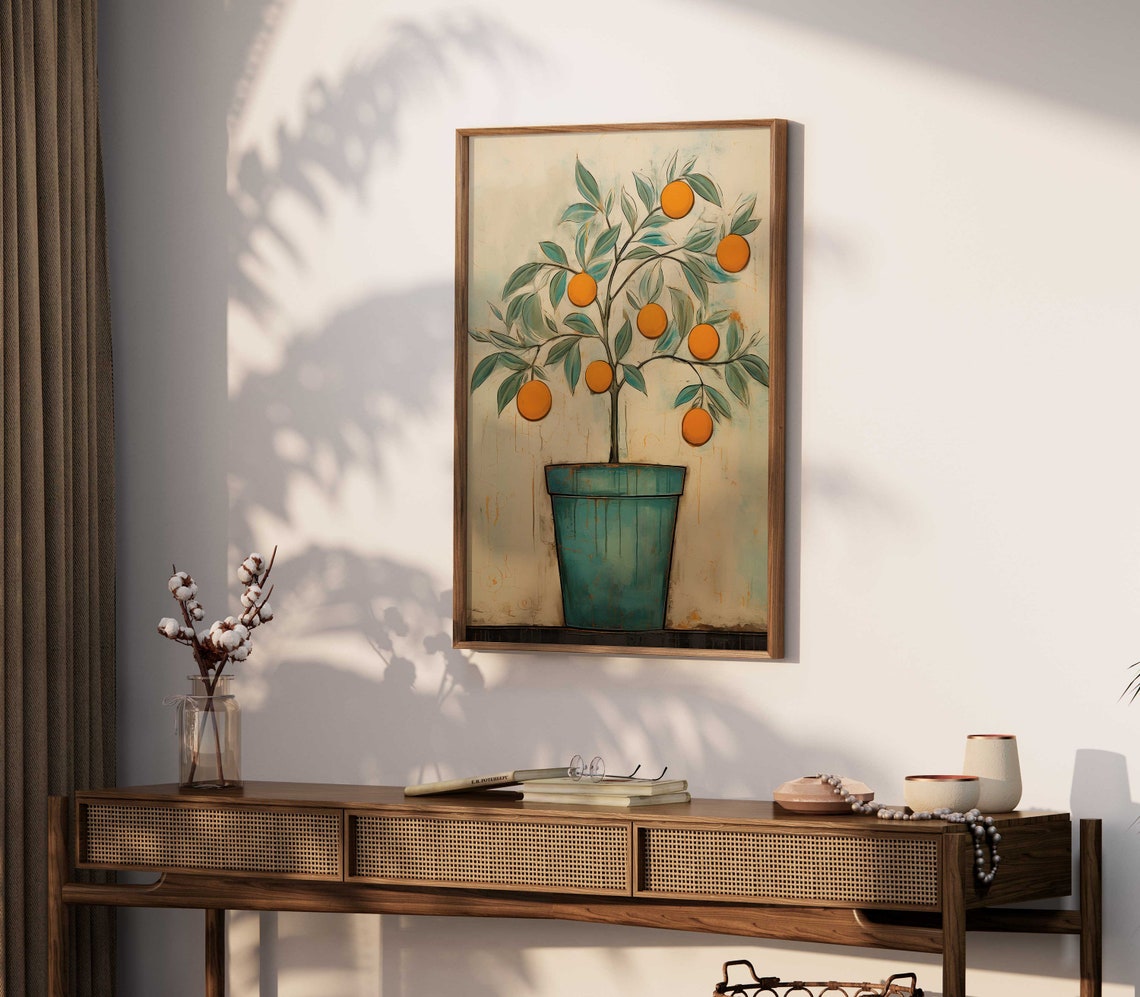 Potted Orange Tree Folk Art Mediterranean Citrus Kitchen Wall Poster - Image 2