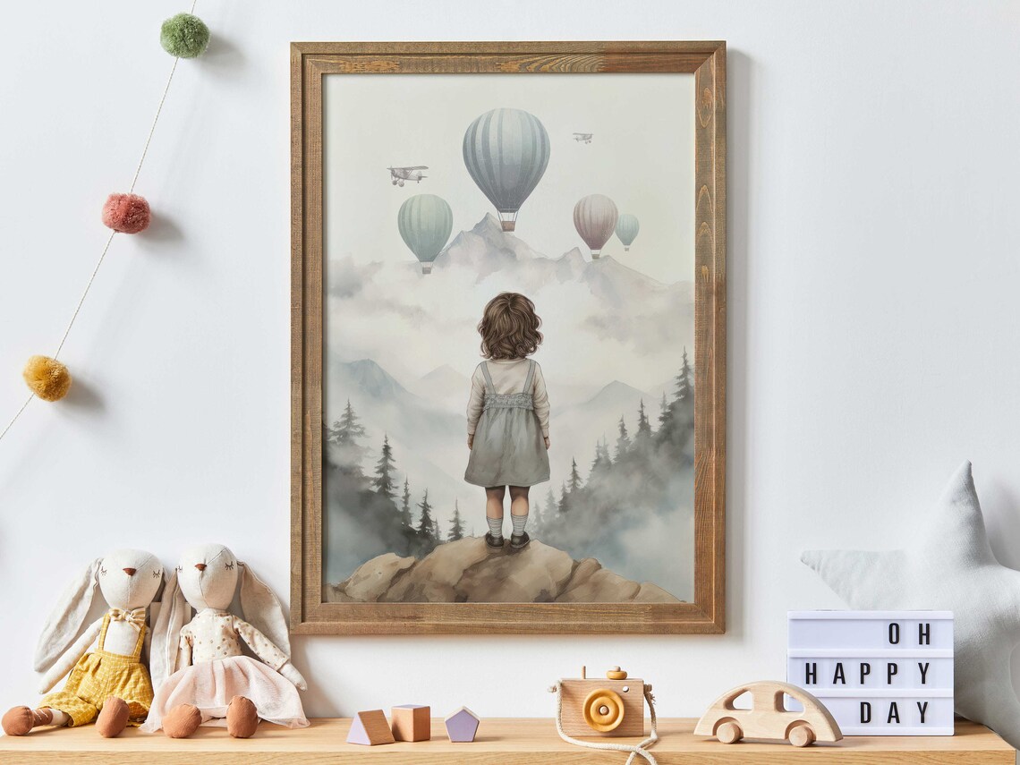 Little Girl Watching Hot Air Balloons Over Misty Mountains Poster