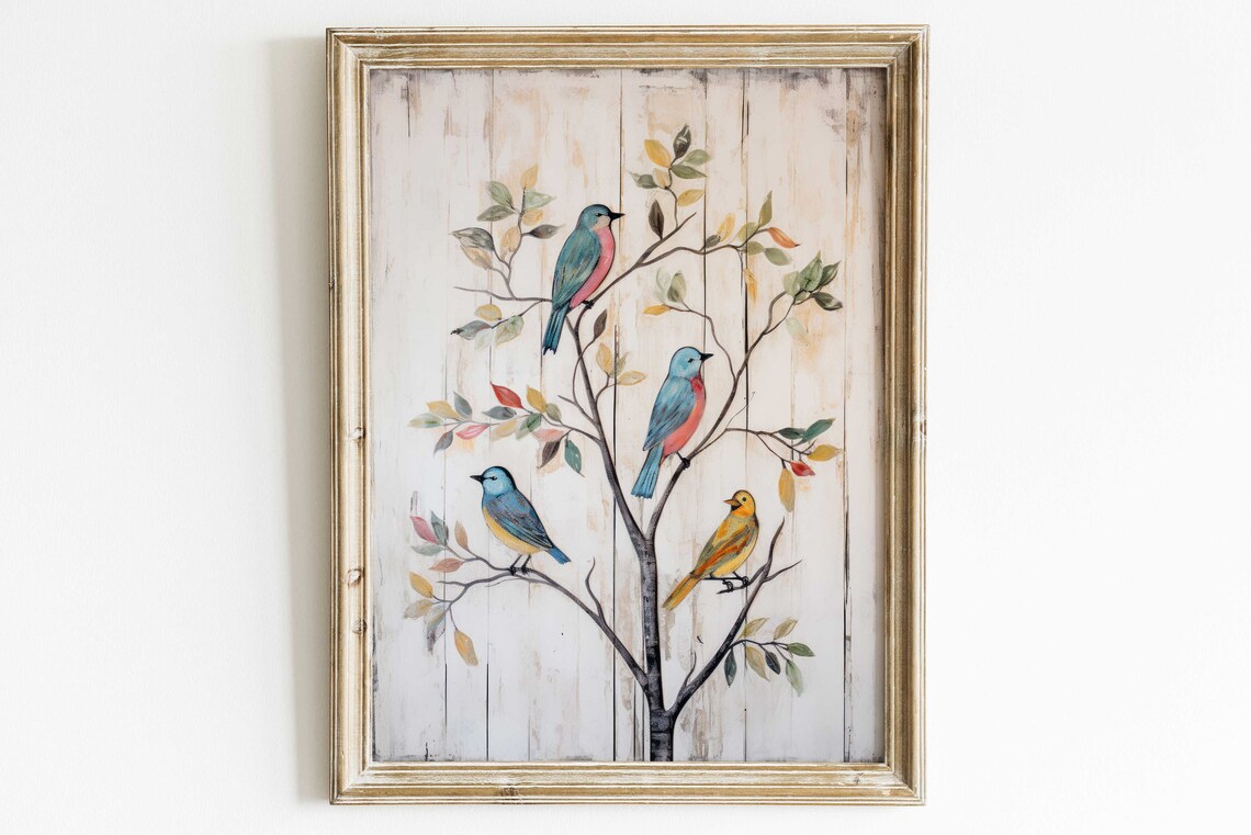 Vintage Birds in a Tree, Rustic Wall Art Print