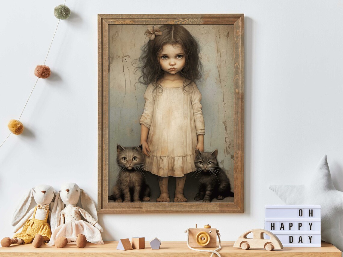 Vintage Cat Nursery Print, Whimsigoth Girls Room Decor