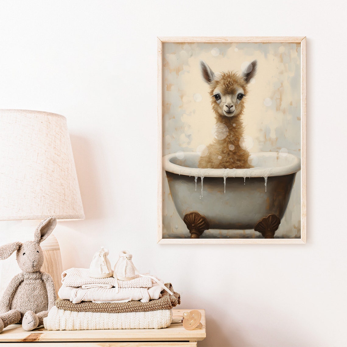 Cute Fluffy Baby Llama Soaking In Vintage Bathtub Nursery Poster - Image 2