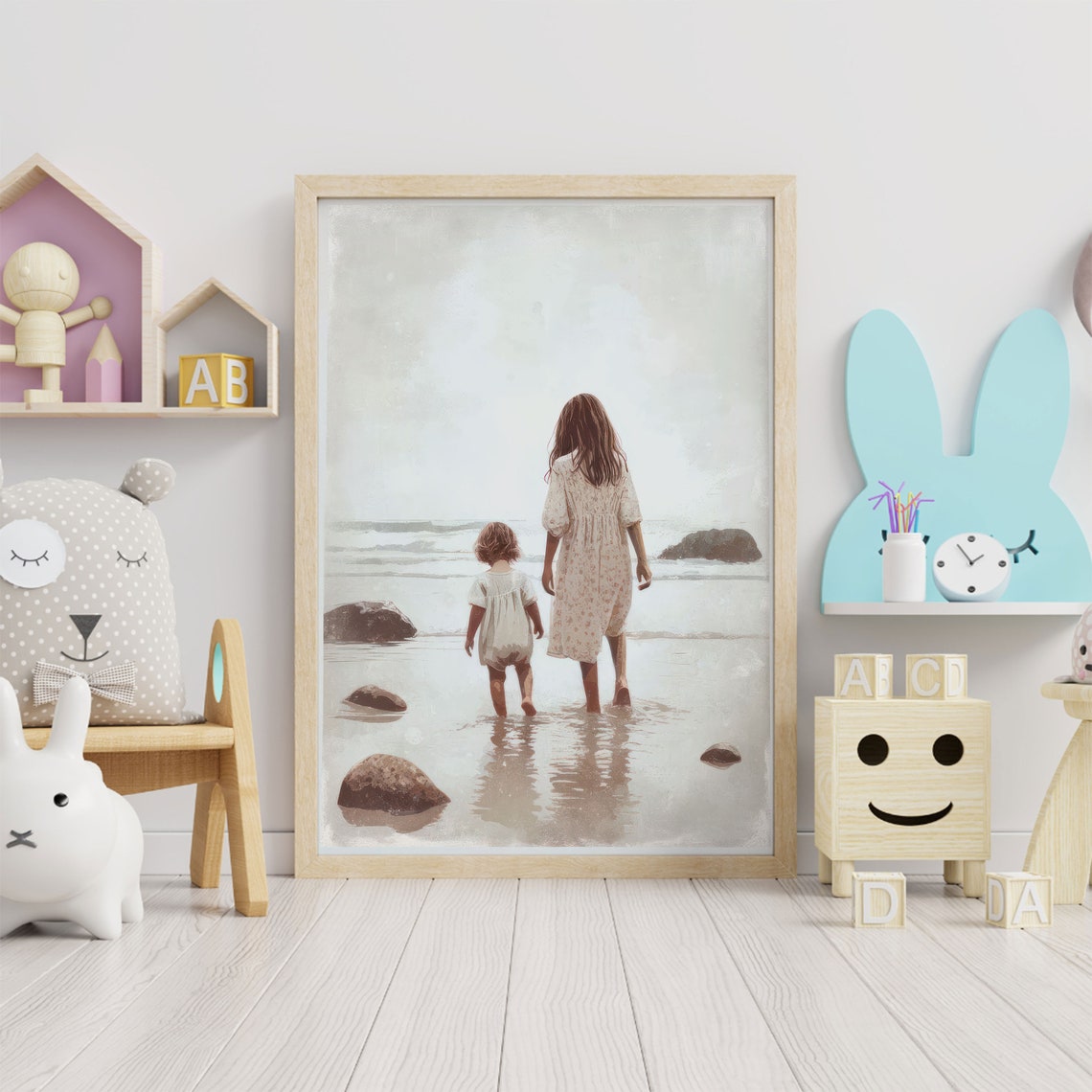 Two Sisters Walking Together on the Beach Vintage Art Poster