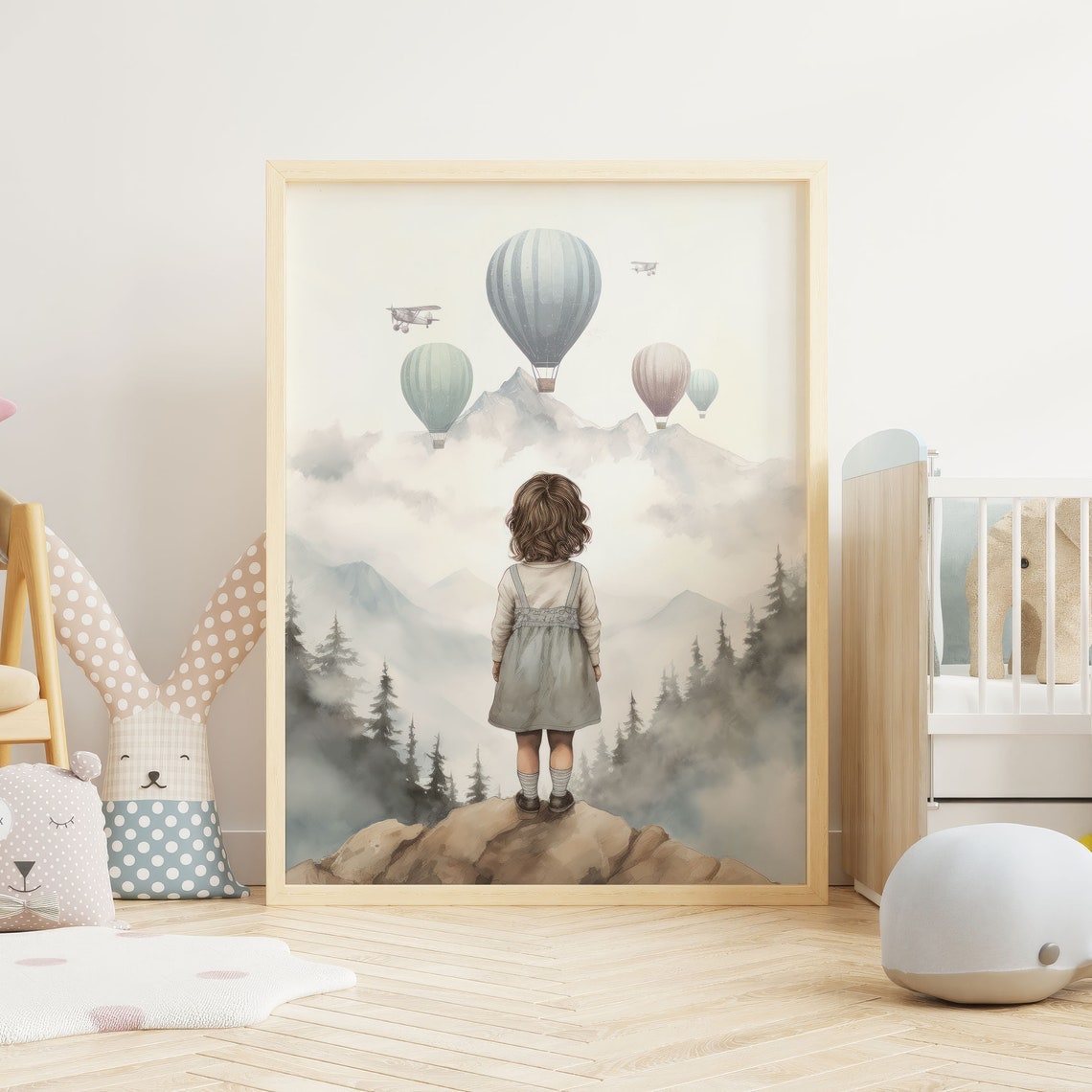 Little Girl Watching Hot Air Balloons Over Misty Mountains Poster - Image 2