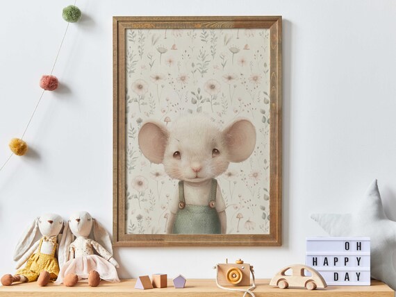 Cute Little Baby Mouse In Overalls On Floral Background Poster