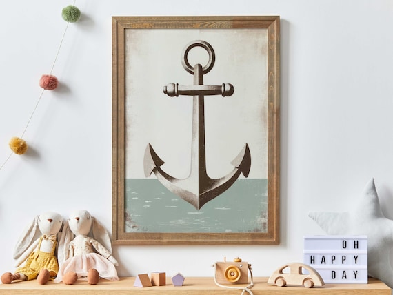 Vintage Ship Anchor over Sage Green Sea Nautical Nursery Art Poster