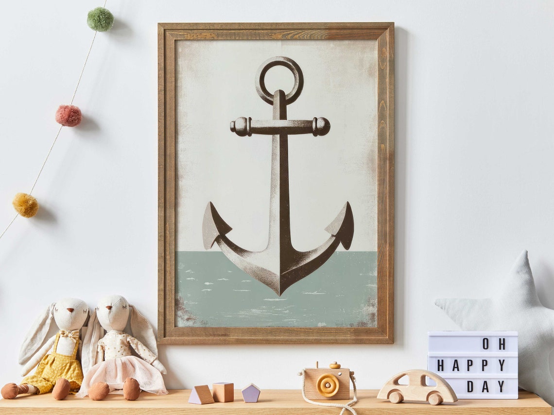 Vintage Ship Anchor over Sage Green Sea Nautical Nursery Art Poster