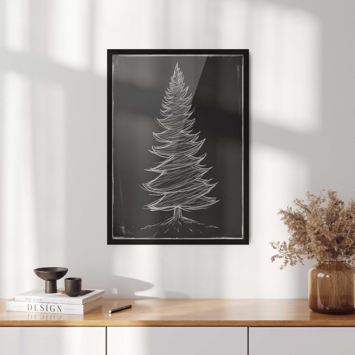Minimalist White Chalk Pine Tree On Black Chalkboard Christmas Poster - Image 2