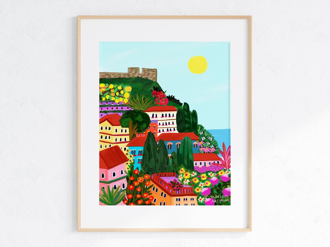 Colorful Mediterranean Coastal Village Hillside Town Art Print