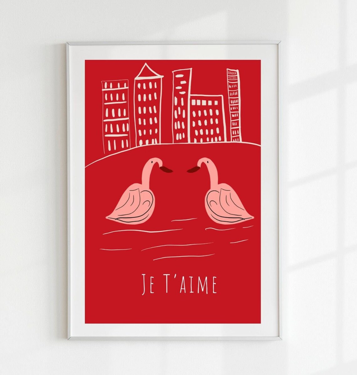 Je Taime Red Flamingo Heart Cityscape Love Valentine Art Poster - Image 4