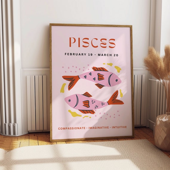 Pisces Zodiac Poster Print Trendy Wall Art Star Sign Print Pink Preppy Wall Decor Pisces Gift