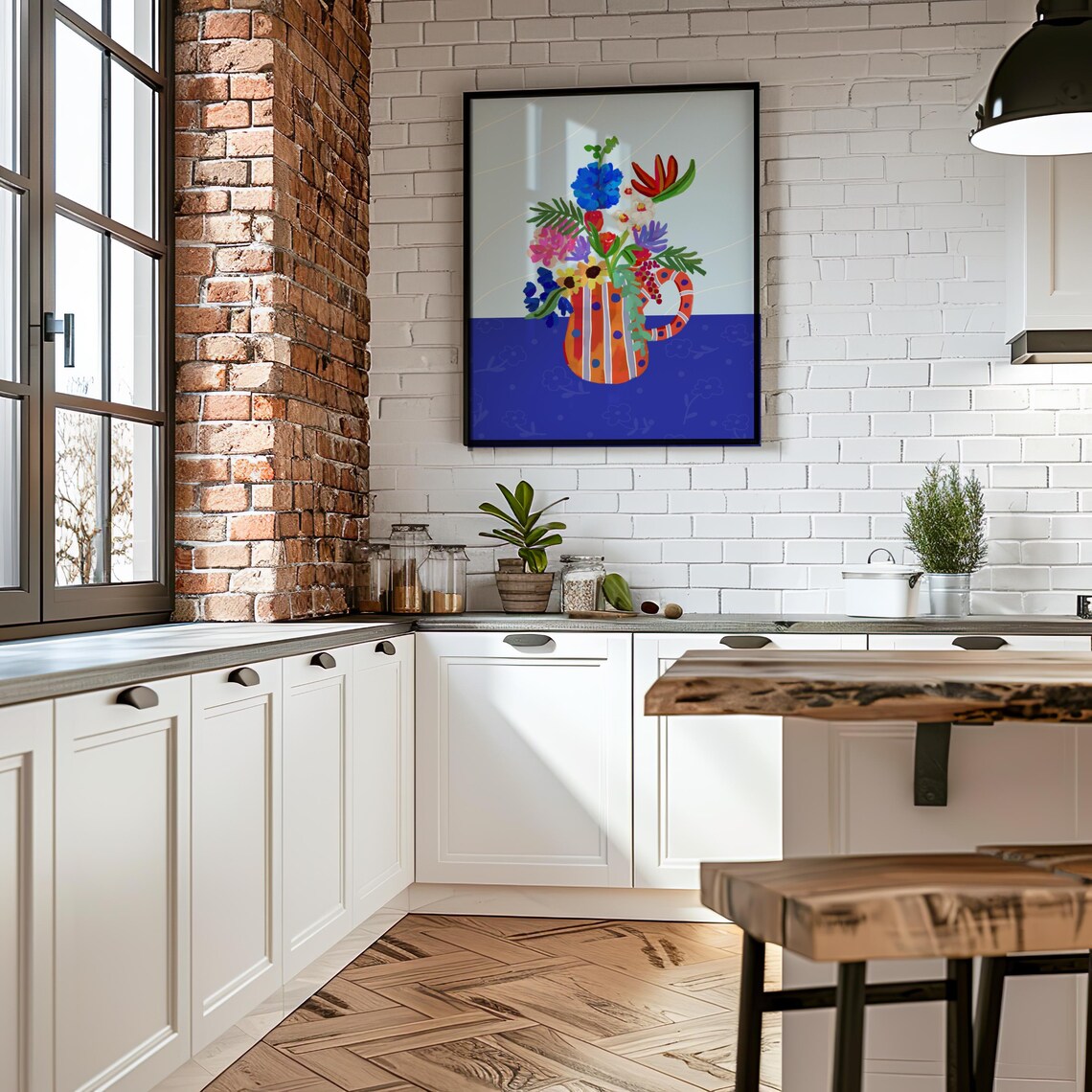 Colorful Flower Bouquet Striped Pitcher Blue Floral Art Print - Image 3