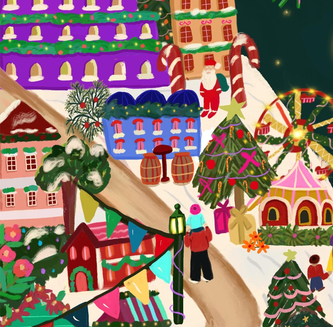 Cozy Snowy Christmas Market Village Night Ferris Wheel Art Print - Image 3