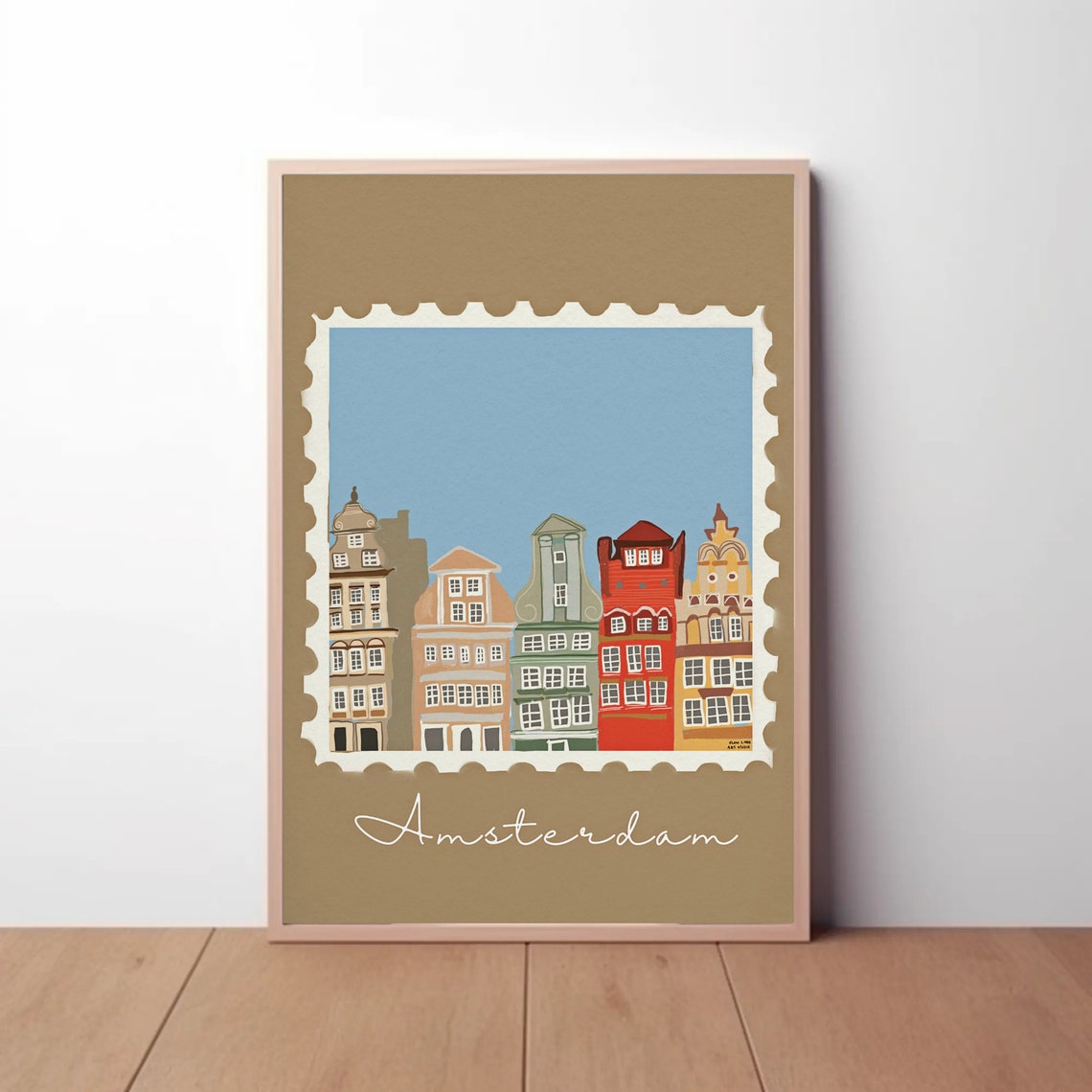 Amsterdam Canal Houses Postage Stamp Style Retro Travel Poster