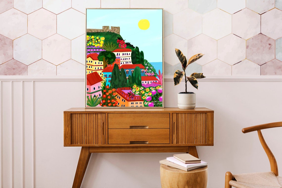 Colorful Mediterranean Coastal Village Hillside Town Art Print - Image 4