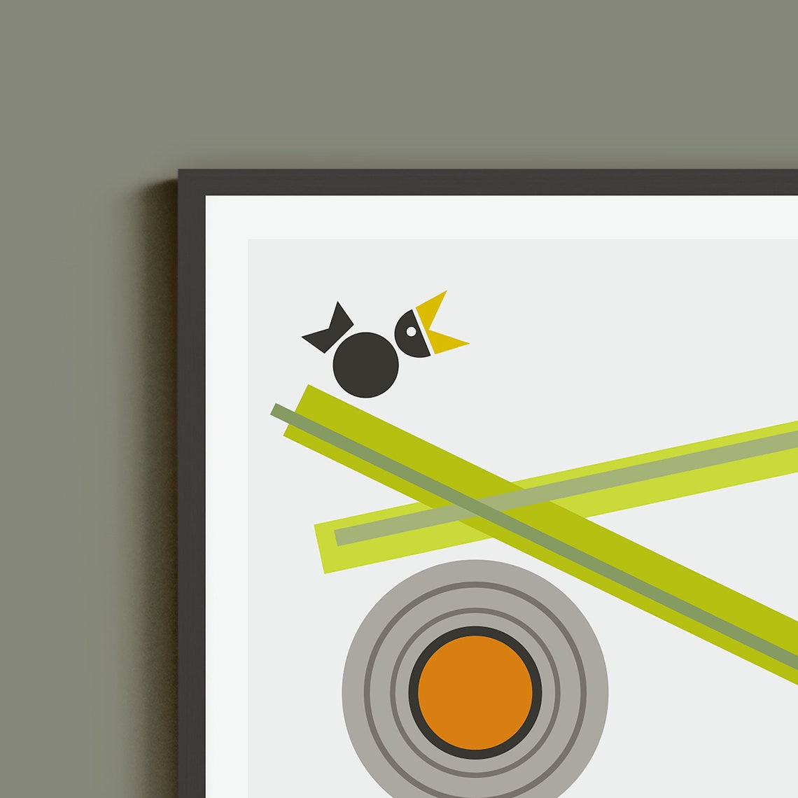 Geometric Bird on Green Bars With Orange Sun Circle Art Poster - Image 4