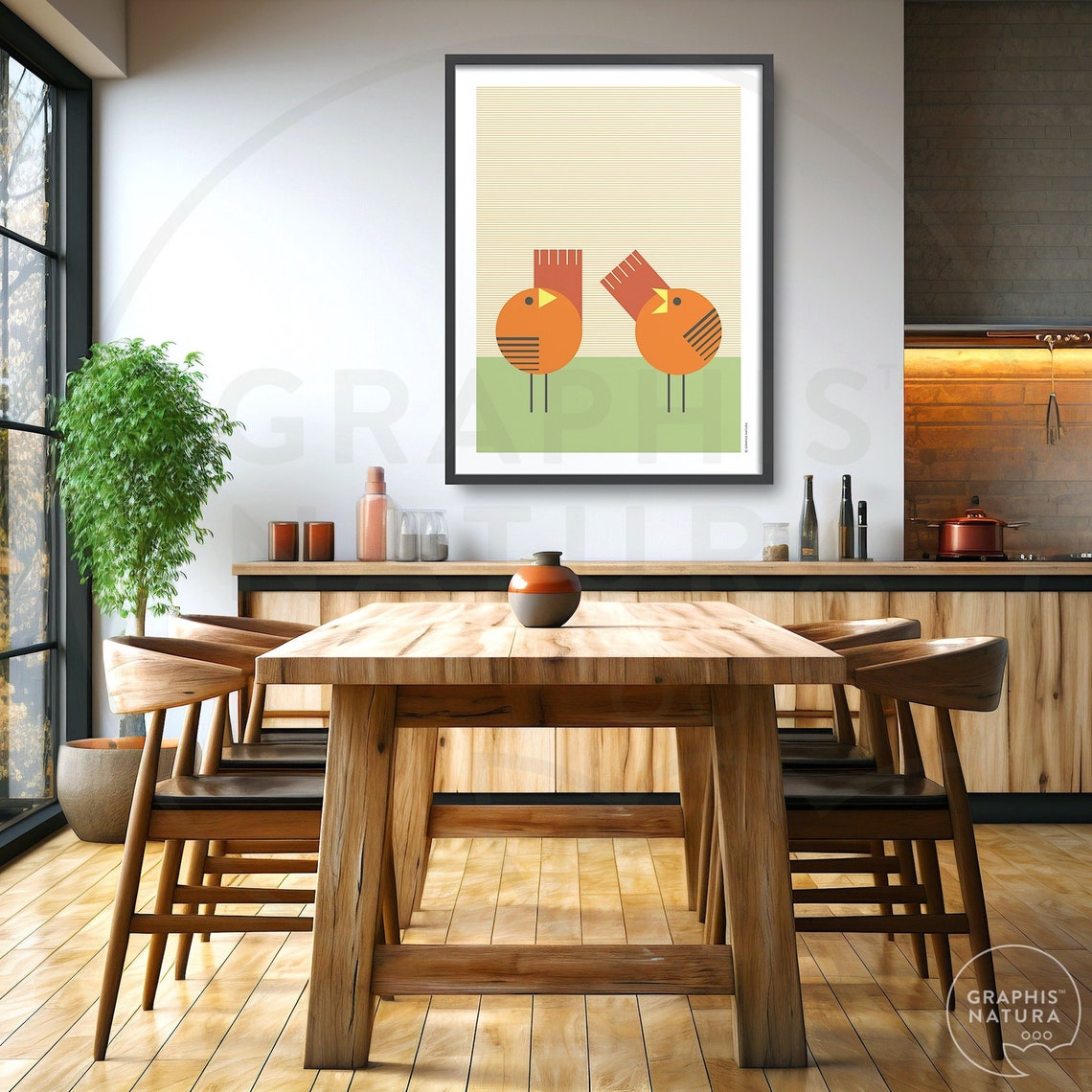Orange Geometric Bird Duo Poster Playful Mid Century Animal Art - Image 4