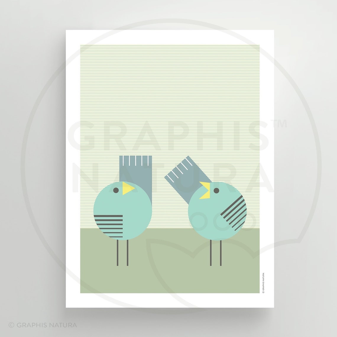 Gray Geometric Bird Duo Poster Minimalist Mid Century Pair Art - Image 2