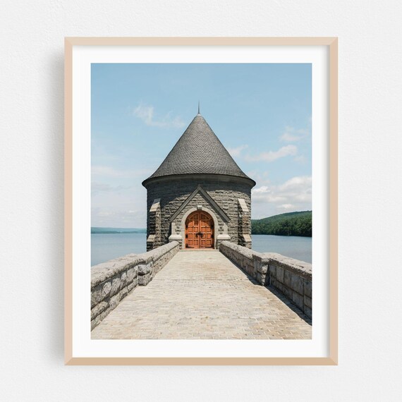 Stone Tower With Conical Roof Over Lake Bridge Architecture Poster