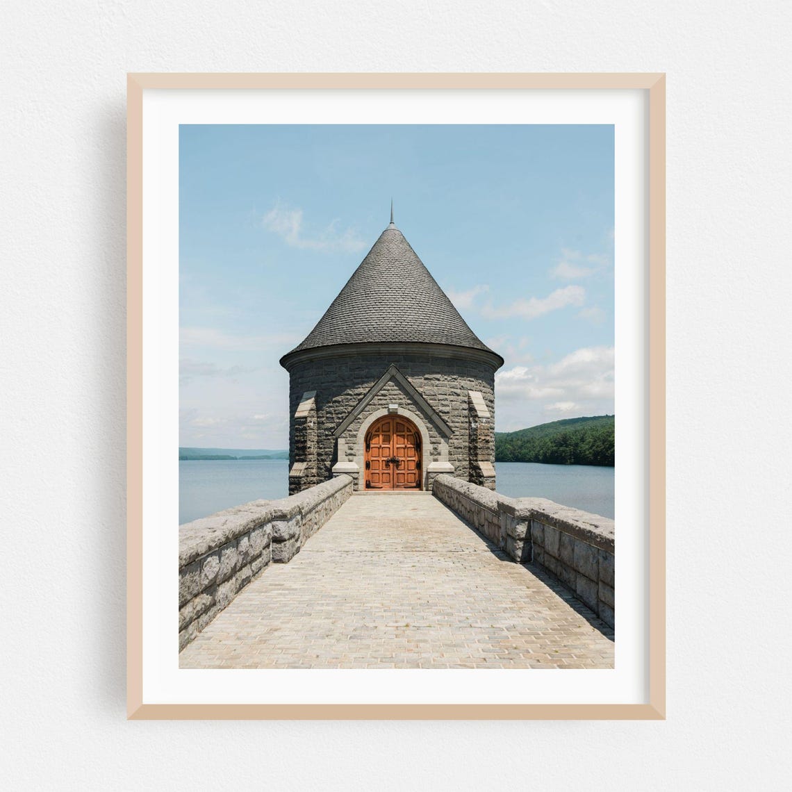 Stone Tower With Conical Roof Over Lake Bridge Architecture Poster