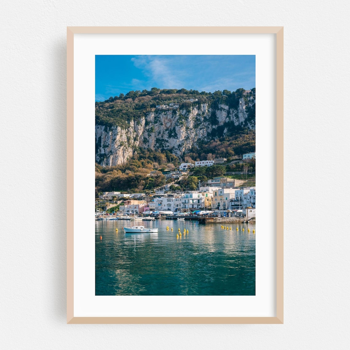 Capri Italy Harbor Cliffs Boats Coastal Town Photography Poster