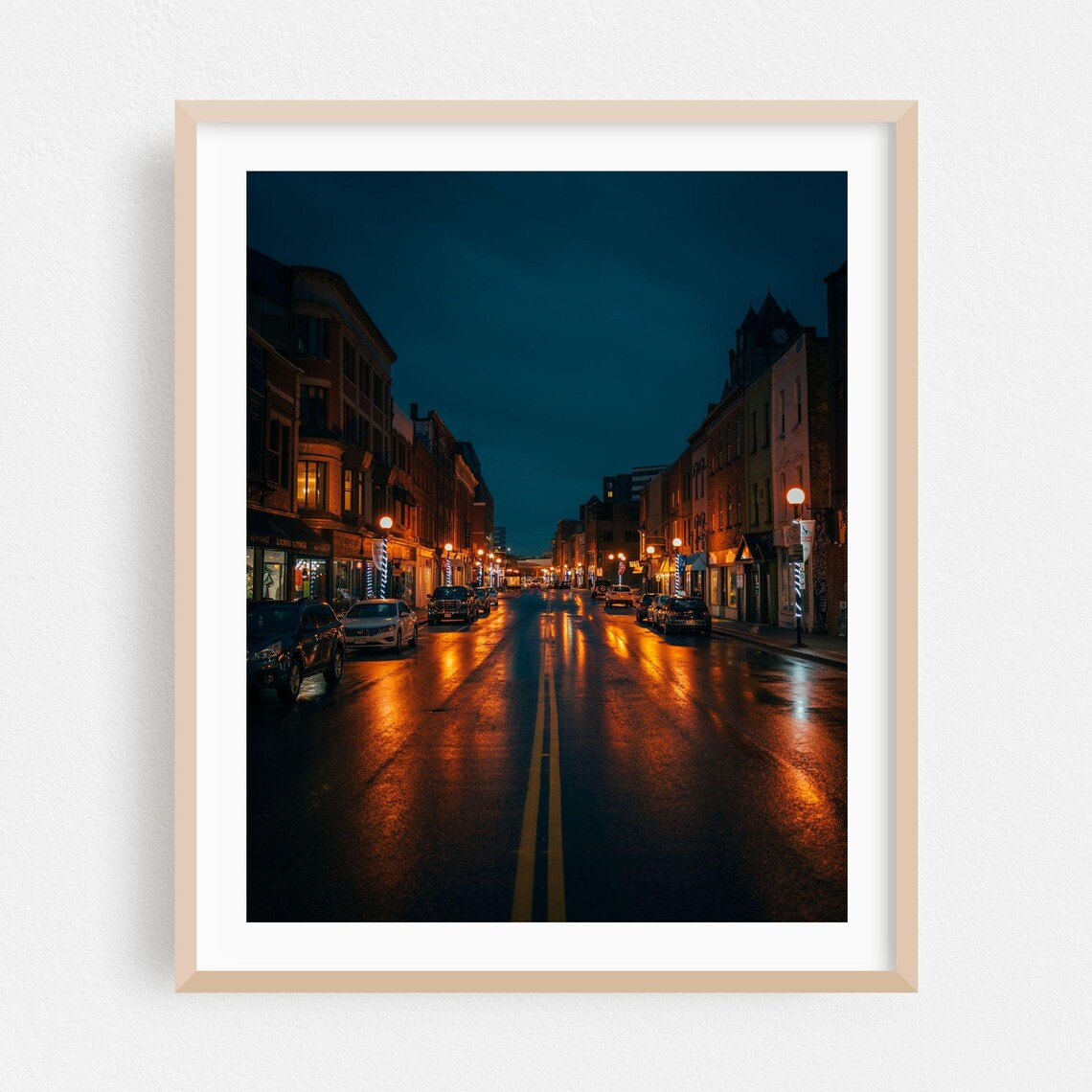 Rainy City Street At Night Glowing Streetlights Urban Poster