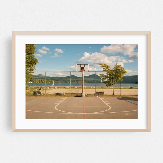 Outdoor Basketball Court by the Lake Scenic Sports Photography Poster
