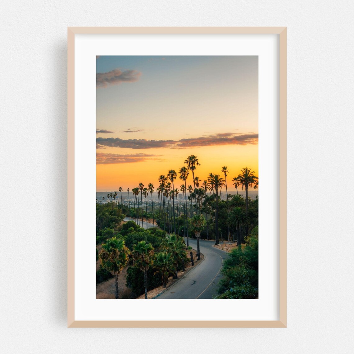 Los Angeles Sunset Palm Trees Road Photo Poster Golden Hour Cityscape