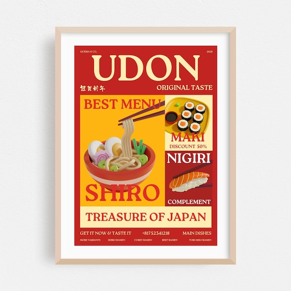 Retro Japanese Udon Ramen Sushi Restaurant Advertisement Poster