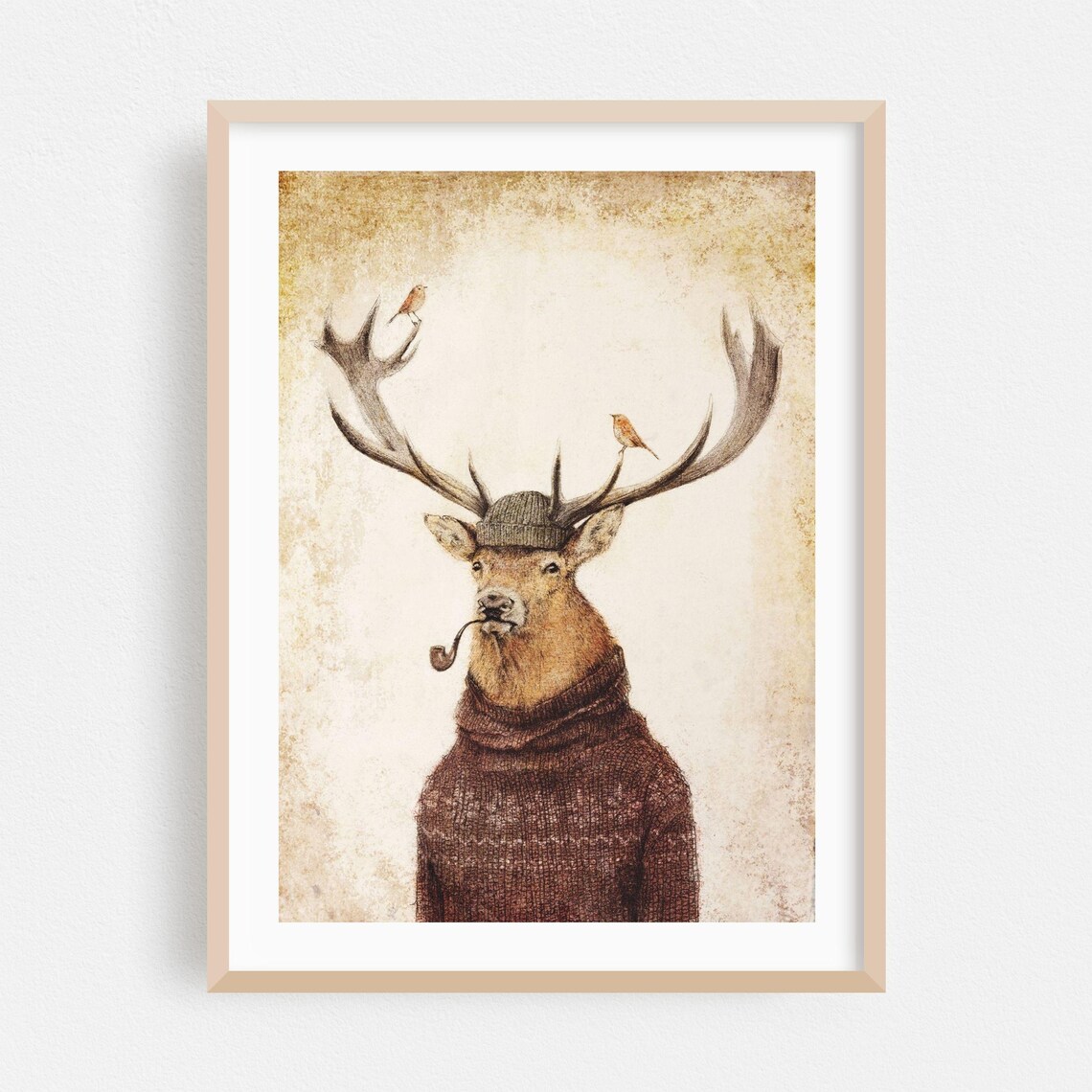 Stag In Sweater And Beanie Smoking Pipe Whimsical Animal Poster