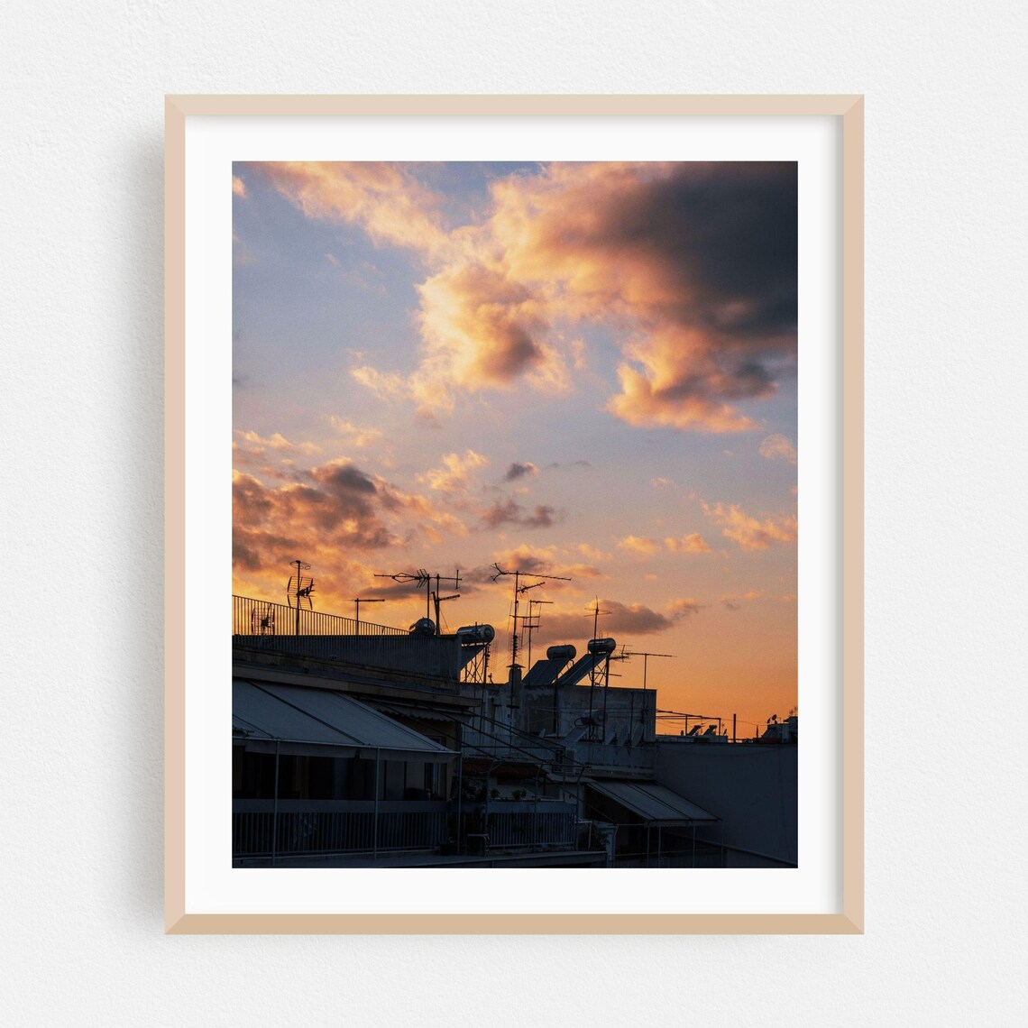 Athens Rooftop Sunset Sky Antennas Silhouette Photography Poster