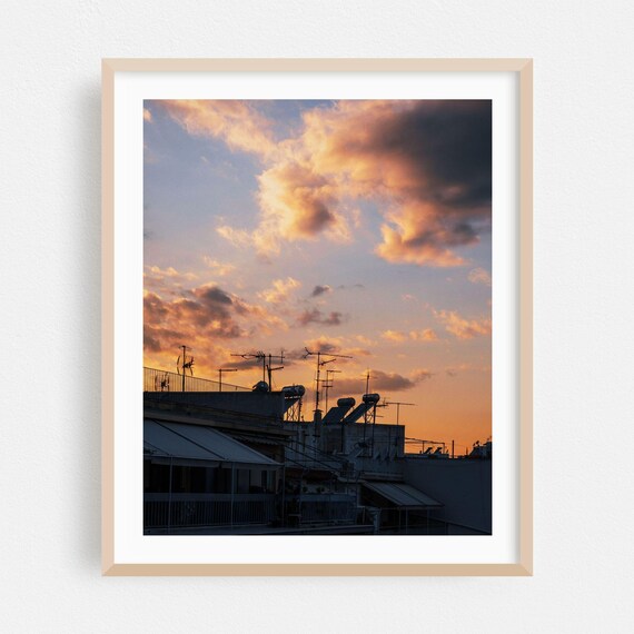 Athens Rooftop Sunset Sky Antennas Silhouette Photography Poster
