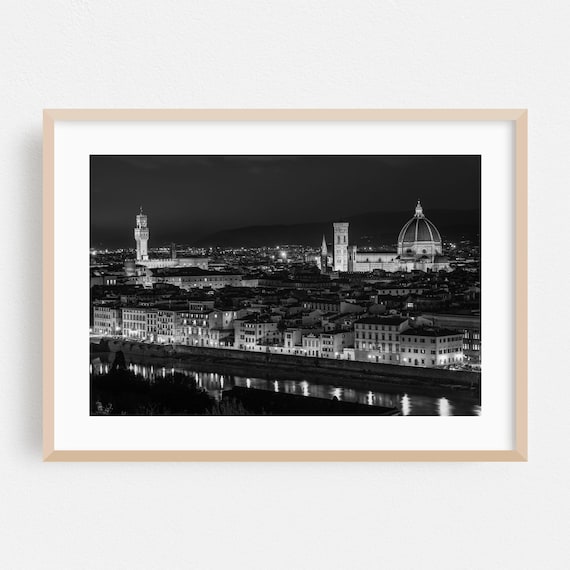 Florence Italy Night Skyline Black and White Duomo Photo Poster