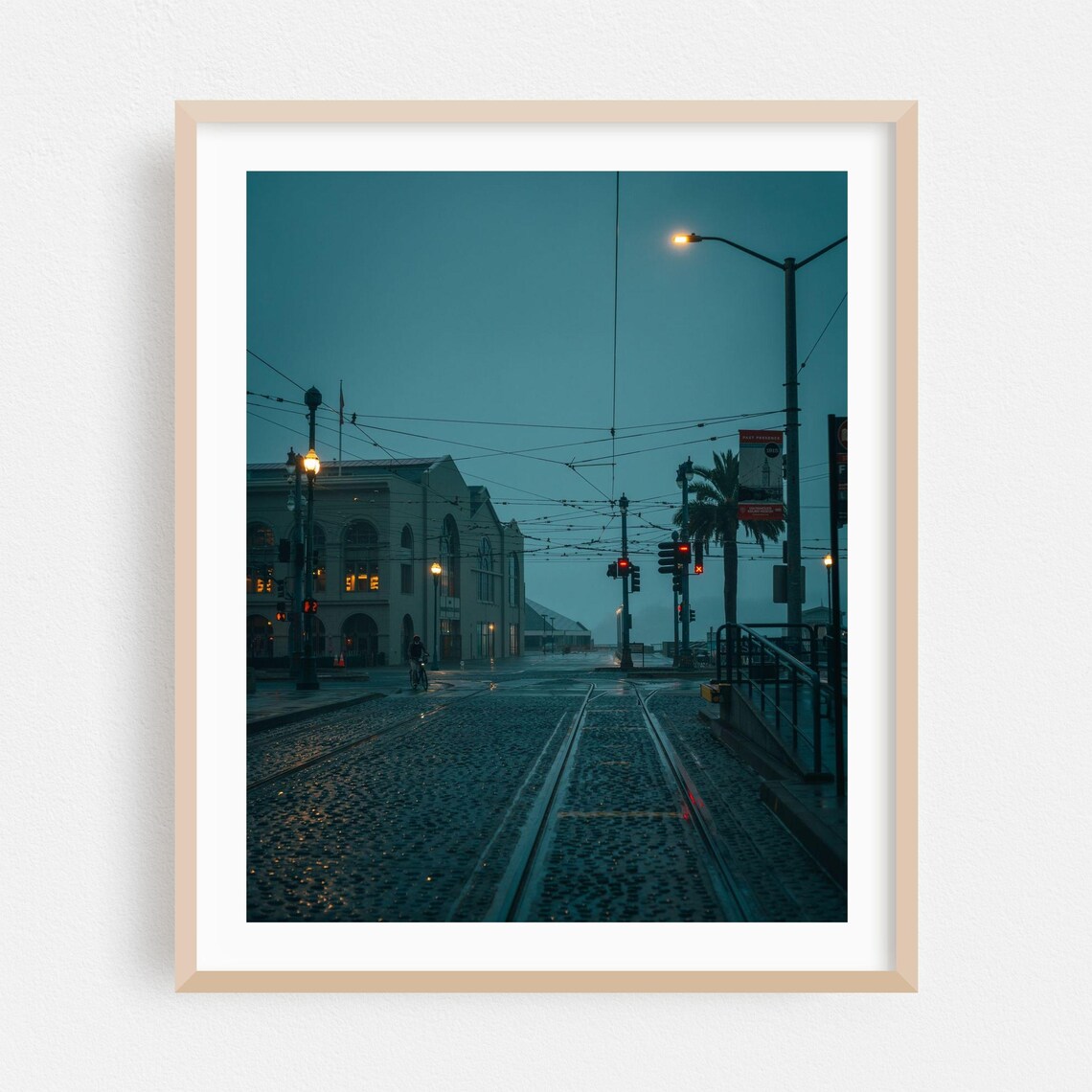 San Francisco Rainy Night Street Trolley Tracks Moody City Photo Poster