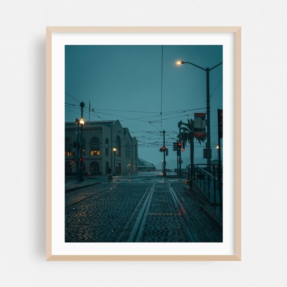 San Francisco Rainy Night Street Trolley Tracks Moody City Photo Poster