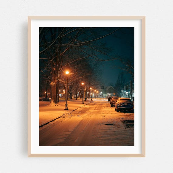 Buffalo Print New York Wall Art Winter Framed Snow Home Decor Night Sky Poster Street Photography Fine Scenic Nightlife