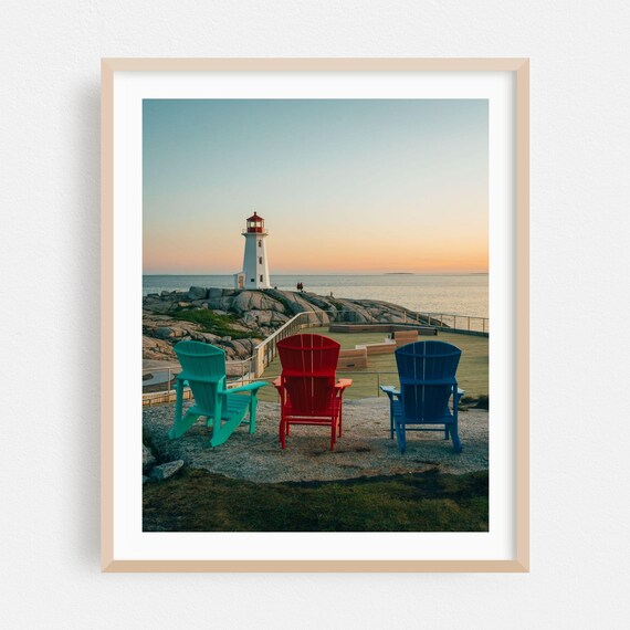 Peggys Cove Lighthouse Colorful Chairs Sunset Photography Poster